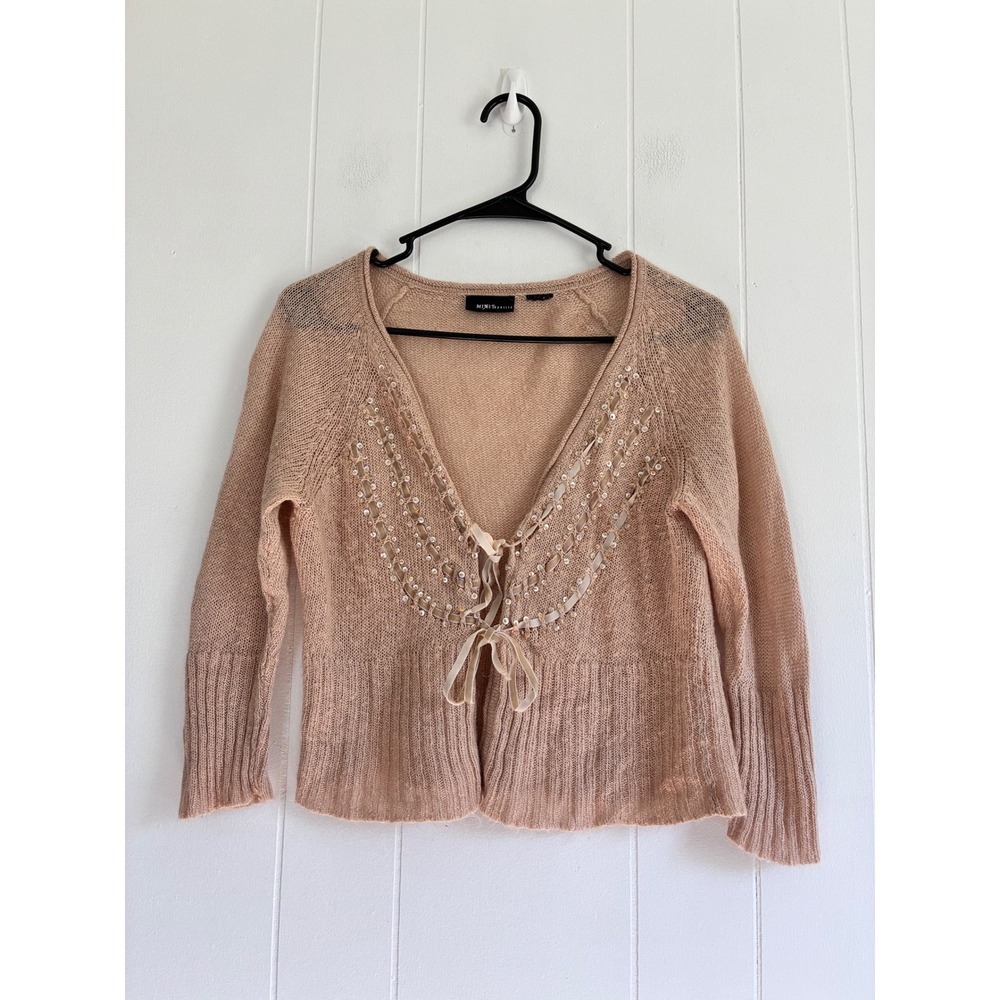 Mixit Petite Peach Open Knit Sequin Ribbon Tie Front Cardigan Sweater Womens